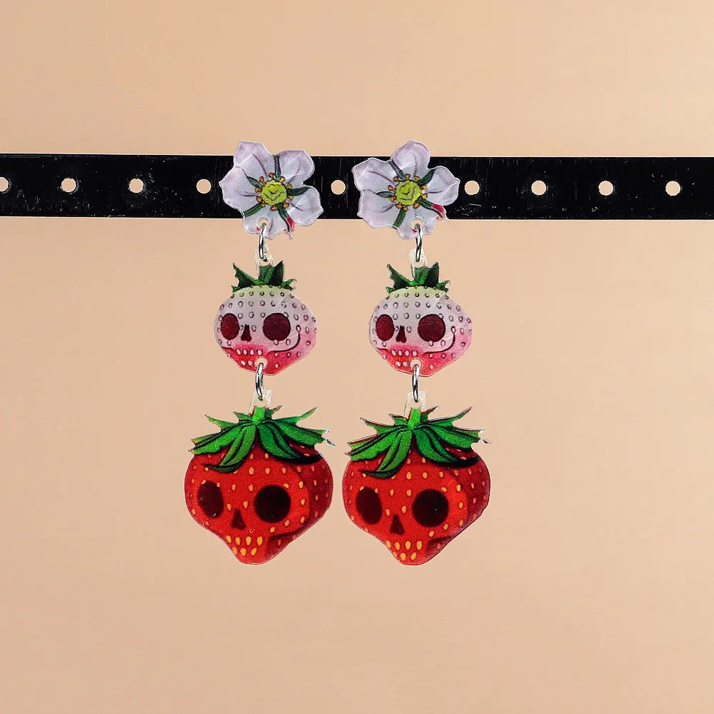 Halloween Acrylic Cute Strawberry Skull Pendant Earrings
