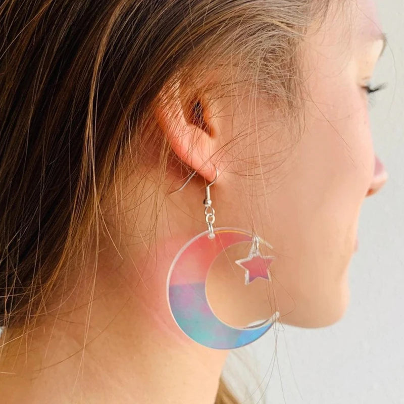 Star Moon Drop Earrings Acrylic Iridescence