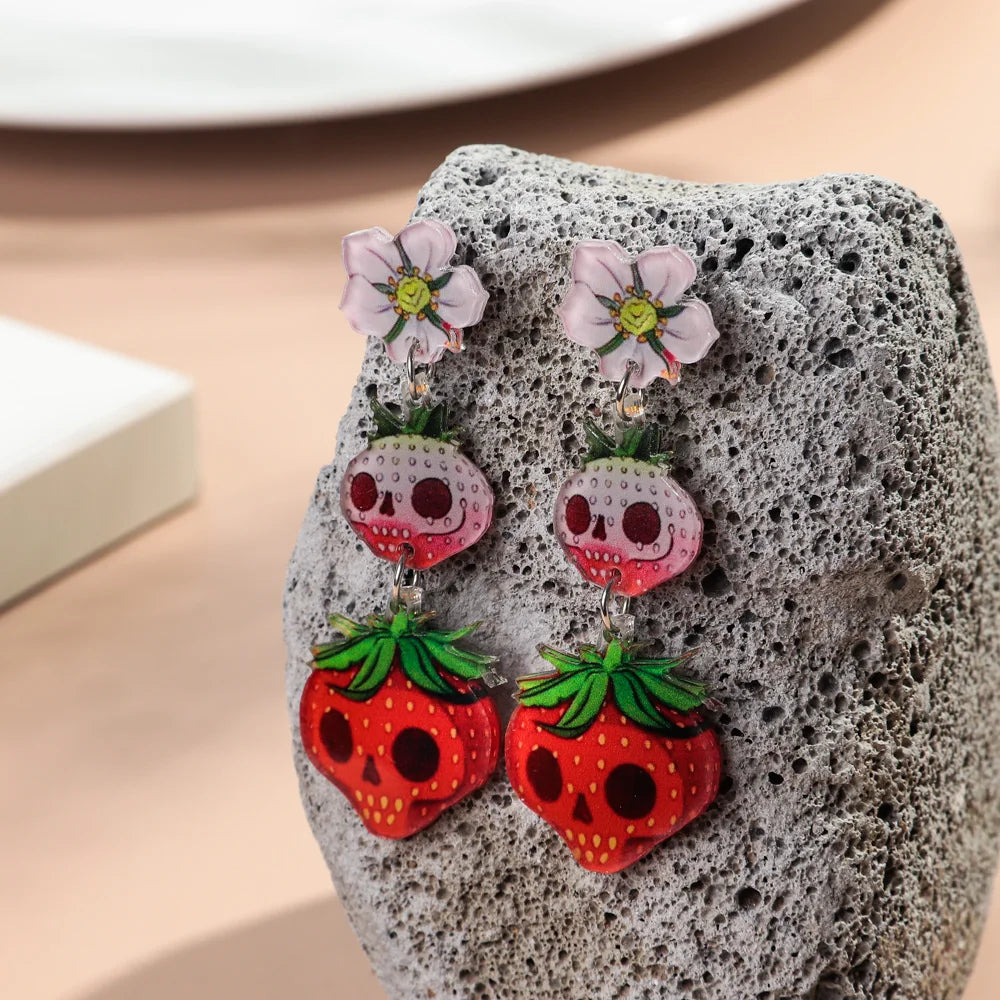 Halloween Acrylic Cute Strawberry Skull Pendant Earrings