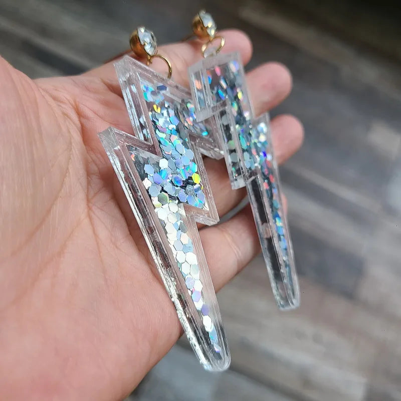 Statement Powder Colorful Neon Shiny Glitter Iridescent Acrylic  Lightning Drop Earrings For Women Punk Long Pendant Dangle Earr