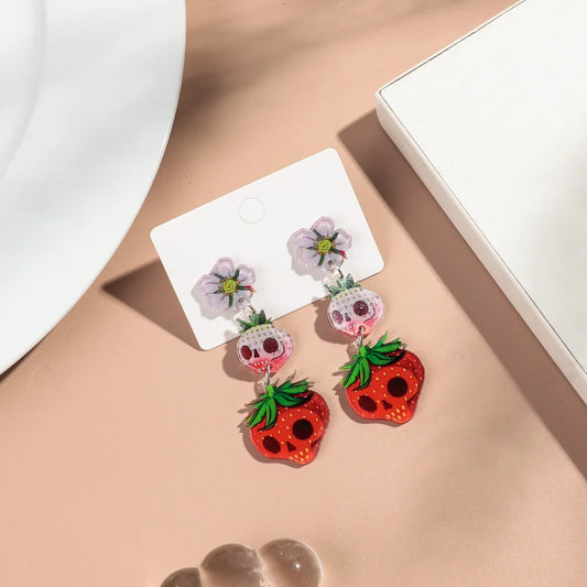 Halloween Acrylic Cute Strawberry Skull Pendant Earrings