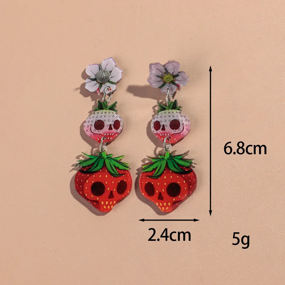 Halloween Acrylic Cute Strawberry Skull Pendant Earrings