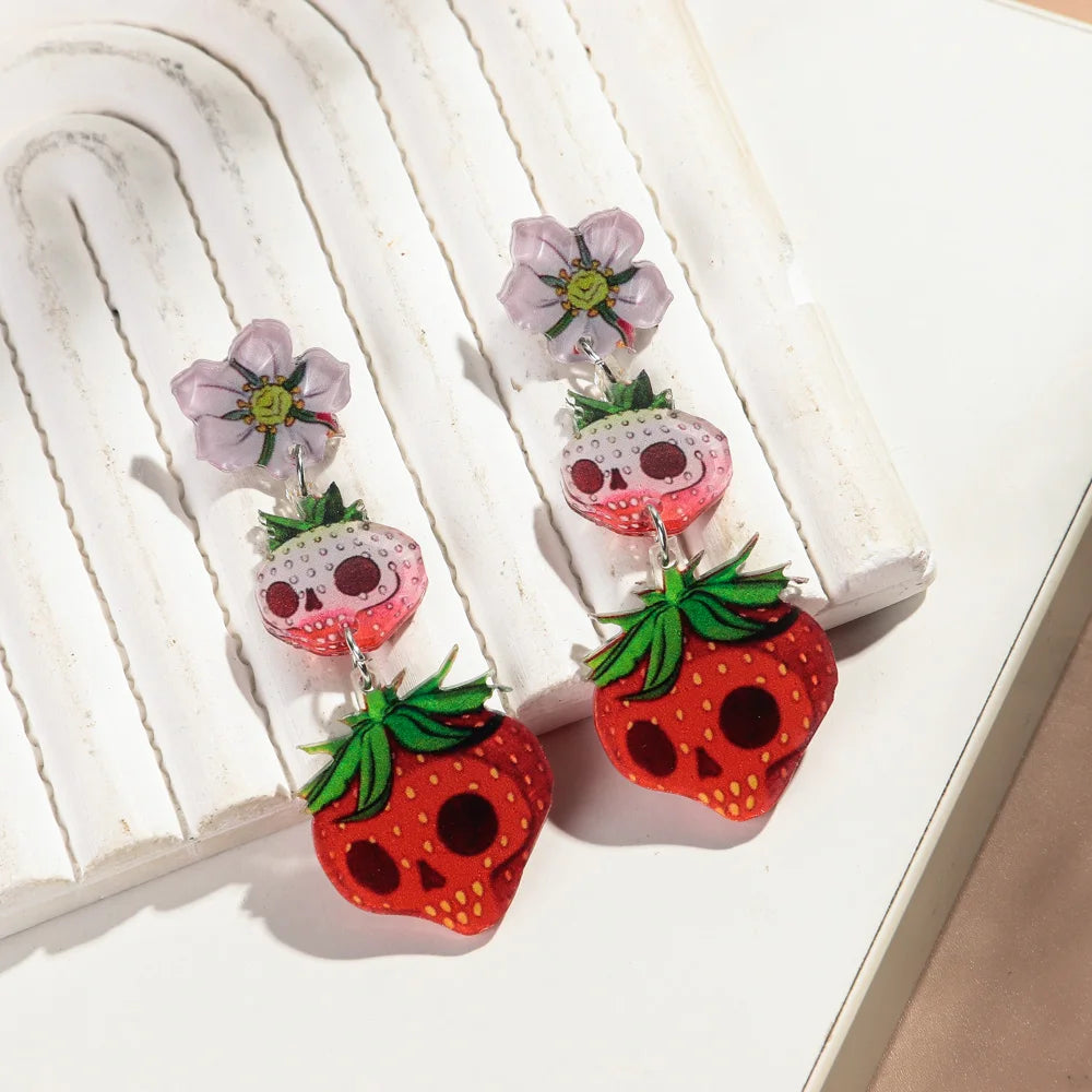Halloween Acrylic Cute Strawberry Skull Pendant Earrings