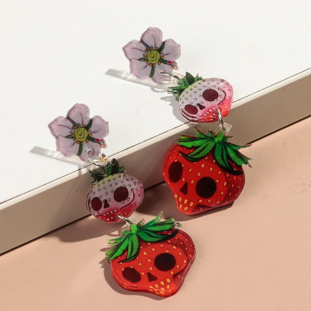 Halloween Acrylic Cute Strawberry Skull Pendant Earrings