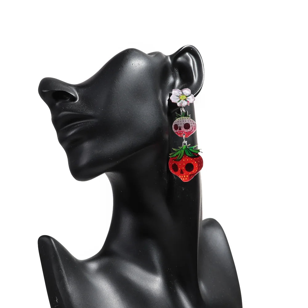 Halloween Acrylic Cute Strawberry Skull Pendant Earrings