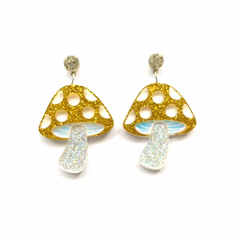 Romantic Glitter Iridescent Mushroom Pendant Acrylic Stud Earrings For Women Cute Charm Dangle Fashion Jewelry