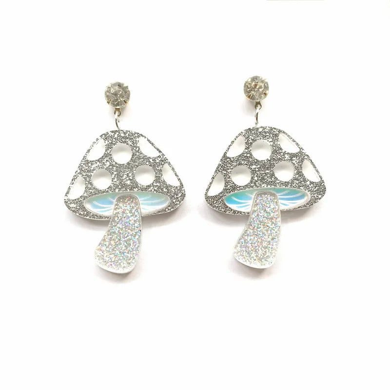 Romantic Glitter Iridescent Mushroom Pendant Acrylic Stud Earrings For Women Cute Charm Dangle Fashion Jewelry