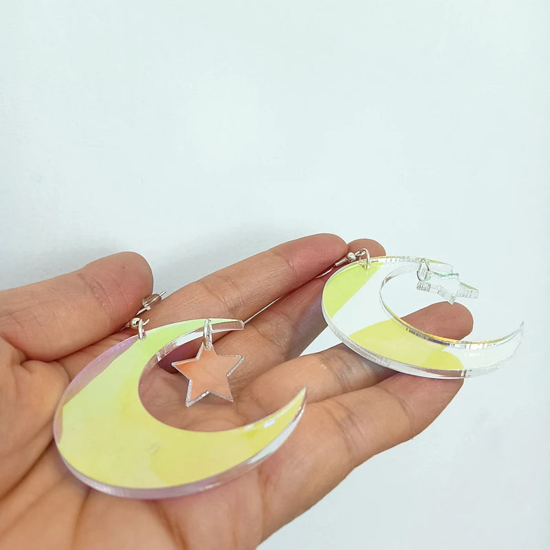 Star Moon Drop Earrings Acrylic Iridescence