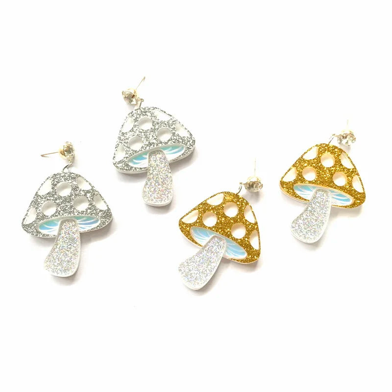 Romantic Glitter Iridescent Mushroom Pendant Acrylic Stud Earrings For Women Cute Charm Dangle Fashion Jewelry