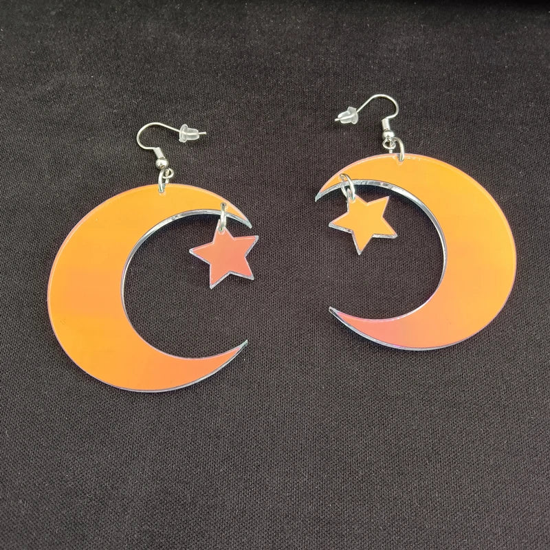 Star Moon Drop Earrings Acrylic Iridescence