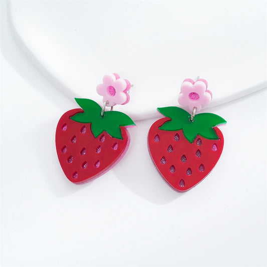 Sweet Simple Acrylic Strawberry Drop Earrings for Women Girls Elegant Red Fruit Green Leaves Dangle Jewelry Girls Lovely Jewelry