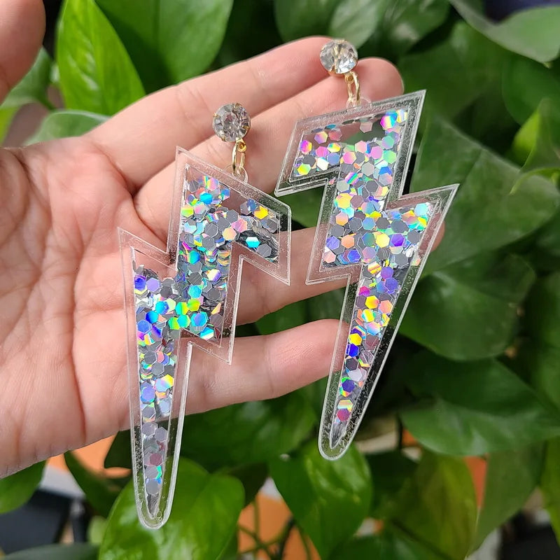 Statement Powder Colorful Neon Shiny Glitter Iridescent Acrylic  Lightning Drop Earrings For Women Punk Long Pendant Dangle Earr