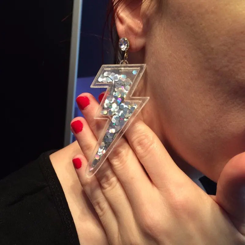 Statement Powder Colorful Neon Shiny Glitter Iridescent Acrylic  Lightning Drop Earrings For Women Punk Long Pendant Dangle Earr