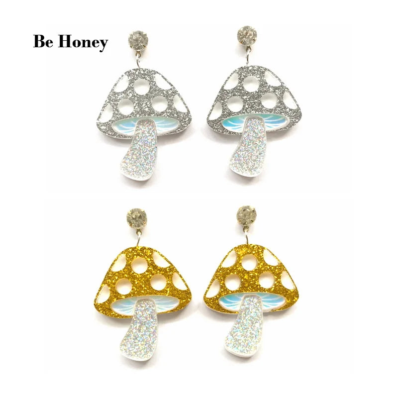 Romantic Glitter Iridescent Mushroom Pendant Acrylic Stud Earrings For Women Cute Charm Dangle Fashion Jewelry