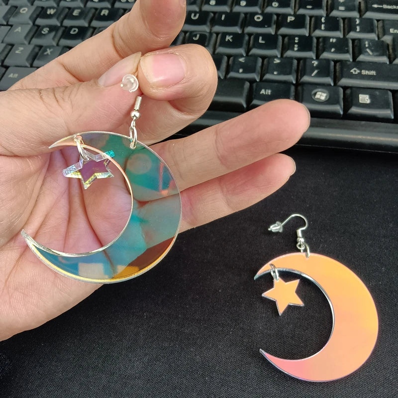 Star Moon Drop Earrings Acrylic Iridescence