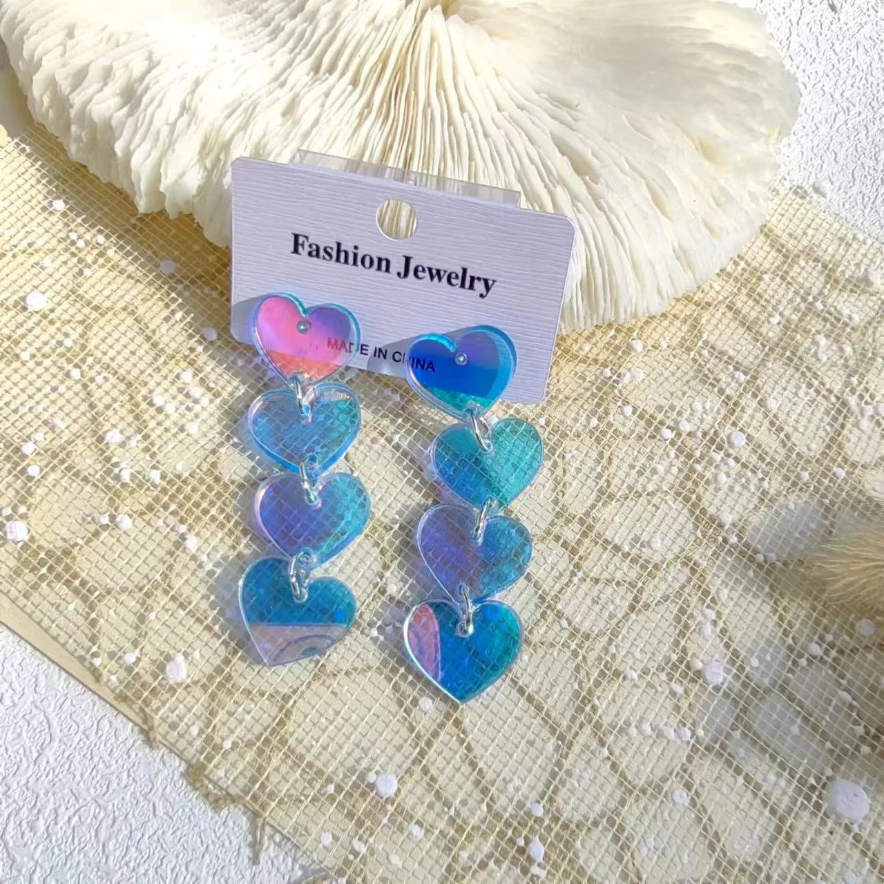 Heart Shaped Iridescent Waterfall Drop Earrings