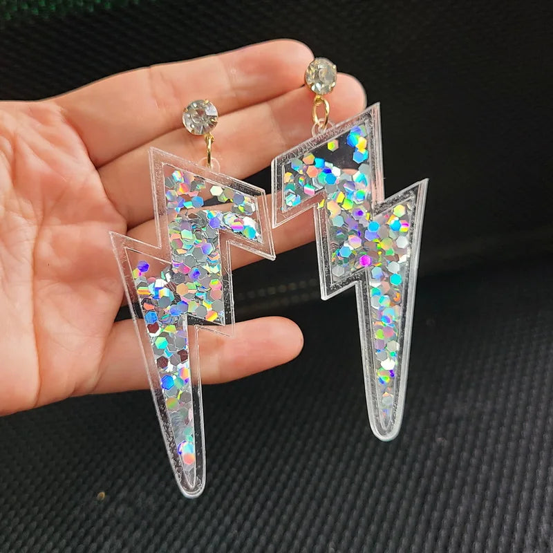 Statement Powder Colorful Neon Shiny Glitter Iridescent Acrylic  Lightning Drop Earrings For Women Punk Long Pendant Dangle Earr